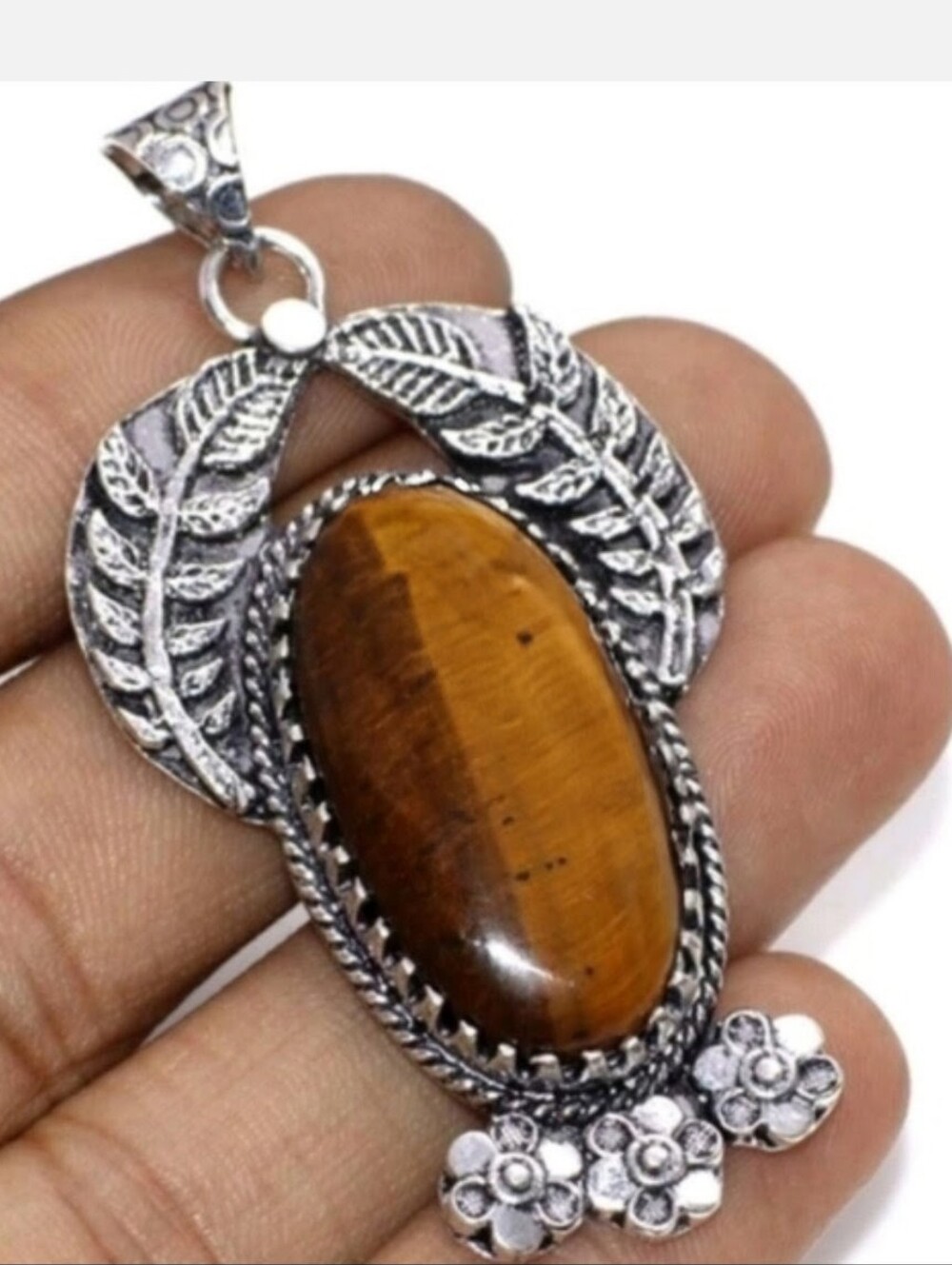Tiger's Eye Gemstone Jewelry 925 Sterling Silver Leaf Pendant Necklace